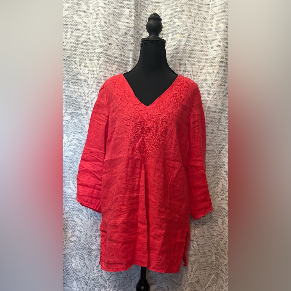 Saint Tropez West Relaxed Pink %100 Linen Tunic with 3/4 Sleeves and Embroidery